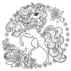 A beautiful unicorn with a long mane with roses. Linear black and white drawing for coloring. Round composition. For the design of coloring books, prints, posters, stickers, tattoos, etc. Vector