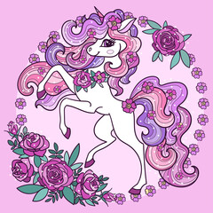 Obraz na płótnie Canvas White unicorn with long mane and roses. In a round composition. A beautiful fantastic animal. For the design of prints. posters. postcards, stickers, etc. Vector
