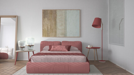 Modern bright minimalist bedroom in red tones, double bed with pillows, duvet and blanket, parquet, window, table with lamps, mirror with pouf, carpet, interior design idea