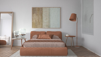 Modern bright minimalist bedroom in orange tones, double bed with pillows, duvet and blanket, parquet, window, table with lamps, mirror with pouf, carpet, interior design idea