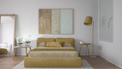 Modern bright minimalist bedroom in yellow tones, double bed with pillows, duvet and blanket, parquet, window, table with lamps, mirror with pouf, carpet, interior design idea