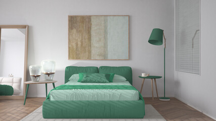Modern bright minimalist bedroom in turquoise tones, double bed with pillows, duvet and blanket, parquet, window, table with lamps, mirror with pouf, carpet, interior design idea