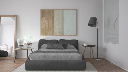 Fototapeta premium Modern bright minimalist bedroom in gray tones, double bed with pillows, duvet and blanket, parquet, window, table with lamps, mirror with pouf, carpet, interior design idea