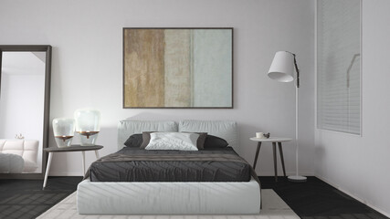 Modern bright minimalist bedroom in dark tones, double bed with pillows, duvet and blanket, parquet, window, table with lamps, mirror with pouf, carpet, interior design idea