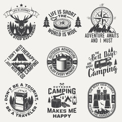 Set of camping badges, patches. Vector. Concept for shirt or logo, print, stamp or tee. Vintage design with camping equipment, forest, backpack, mug, compass, camper rv and mountain silhouette. - obrazy, fototapety, plakaty