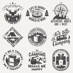 Foto op Plexiglas Set of camping badges, patches. Vector. Concept for shirt or logo, print, stamp or tee. Vintage design with camping equipment, forest, backpack, mug, compass, camper rv and mountain silhouette. © sivvector