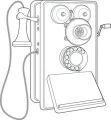 black and white cartoon telephone ringing. Old telephone one line drawing	
