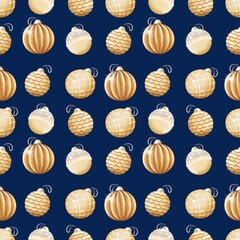 Seamless pattern with golden glass balls. Christmas illustration on dark blue for wrapping paper, cards, decor.