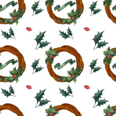 Merry Christmas seamless pattern with watercolor greenery holly berry - 457904103