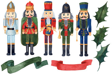 Set of watercolor hand drawn wooden toy soldier - nutcracker - 457904130
