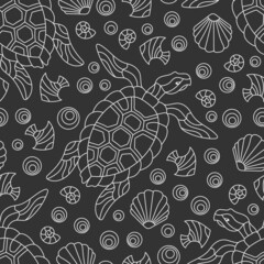 Seamless pattern with light contour geometric turtles and seashells, outline animals on a dark background