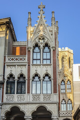 Architectural fragments of a historic building called "Caffe Pedrocchi" (from 1831) at Piazzetta Pedrocchi. Padua, Veneto, Italy.