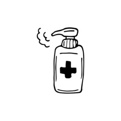 Hand-drawn doodle antiseptic clipart. Cute black and white vector illustration.
