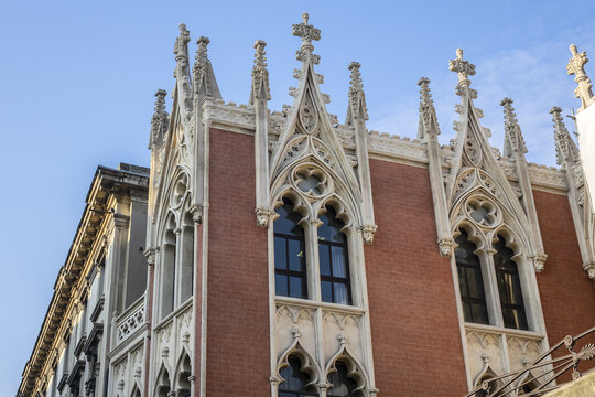 Architectural fragments of a historic building called "Caffe Pedrocchi" (from 1831) at Piazzetta Pedrocchi. Padua, Veneto, Italy.
