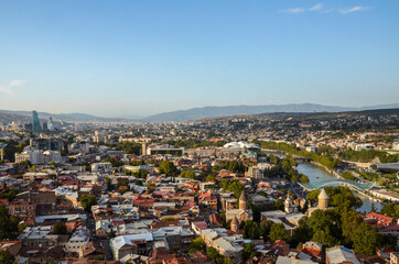 Panoramic view of Tbilisi old town from Narikala fortress, at sunset. Georgia
