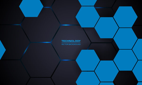 Dark gray hexagonal technology abstract vector background. Blue bright energy flashes under hexagon in futuristic modern technology background vector illustration. Dark gray honeycomb texture grid.