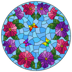 Illustration in the style of a stained glass window with a flower wreath and butterflies, round image