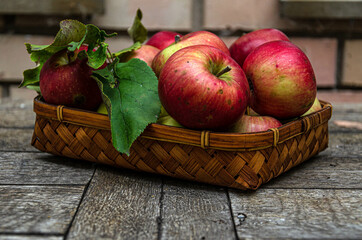 Harvest apples from the home garden in a wicker basket, on a wooden table.