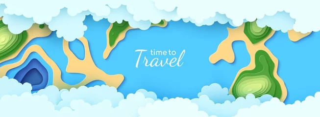  Top view cloudy landscape in paper cut style. Aerial view 3d background with airliner ocean forest and island. Vector papercut illustration of creative concept idea environment conservation and nature © A_Y_N