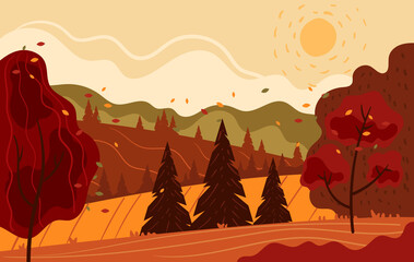 Autumn nature landscape graphic design hand drawn illustration