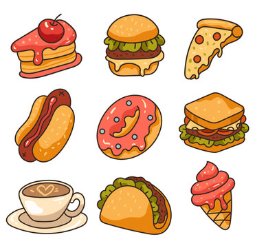 Fast food line art design element collection isolated set
