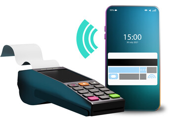 NFC payment. Contactless payment. Near Field Communication technology. Payment terminal and smartphone. Payment concept isolated on white. POS terminal with receipt. Modern banking system. 3d image - obrazy, fototapety, plakaty