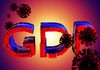 Economic crisis. GDP fall caused by Coronavirus. Coronavirus molecules break up the letters of GDP. The impact of Covid on production. The crisis of the world economy due to the pandemic. 3d rendering