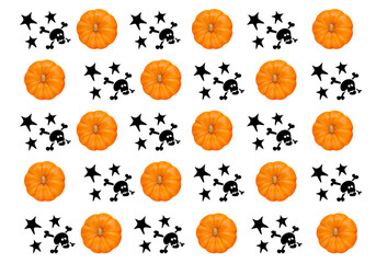 Halloween background. Halloween pumpkins, skulls and stars. Postcard for All Saints eve. Pumpkin for Jack lamps. Jack lantern. Halloween celebration. All Saints eve symbolism. Autumn holiday. 3d image