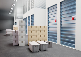 Fototapeta na wymiar Self storage units. Storage facilities rent. Boxes and containers near storage units. Warehouse indoor. 3d illustration.