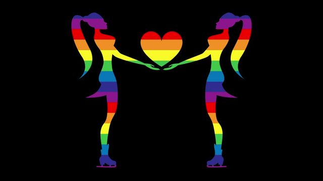 Two lesbian girls silhouette with ice figure skate shoes moving towards each other and a heart growth between them. LGBT rainbow flag, diversity, pride, equality, freedom concept hd animation.
