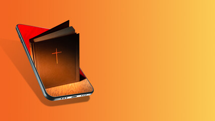 Bible in the smartphone. An application for believers. The Bible on the mobile phone screen. Religious mobile app. Prayer concept. Reading religious literature online. A collage with a place for text.