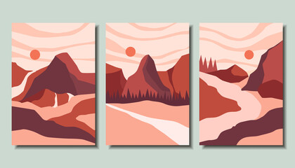 Collection of posters with beautiful landscapes. Abstraction. Vector illustration.