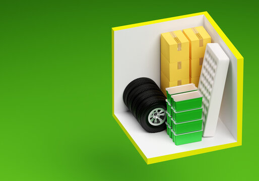 Self-storage unit 25 square feet. 25 sq ft storage box. Storage rooms with tires and boxes. Mattress and containers are stored in warehouse. Storage of personal items in rented storage facility. 3d