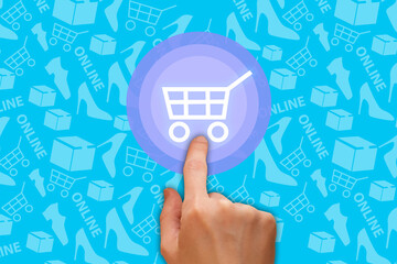Online shopping. Purchase of goods in the online application. Buttons with a shopping cart as a shopping symbol. Blue collage in a magazine style. Electronic business, online store. 3d rendering.