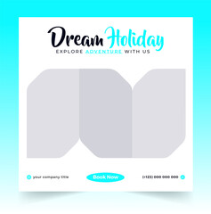 travel sale social media post template. Web banner, flyer or poster for travelling agency business offer promotion. Holiday and tour advertisement banner design