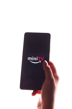 Assam, india - May 18, 2021 : Amazon mini TV logo on phone screen stock image.