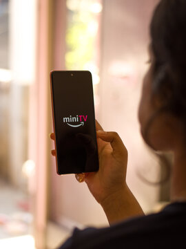 Assam, india - May 18, 2021 : Amazon mini TV logo on phone screen stock image.