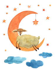 Watercolor illustration, a sheep on the moon with stars and clouds.Children's illustration isolated on a white background.