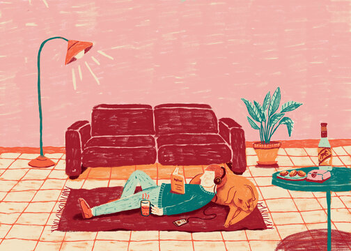 illustration of a person lying on the floor and relaxing in his living room. He is reading a book, listening to music, drinking coffee, and putting the head on his sleeping dog. Vintage style.