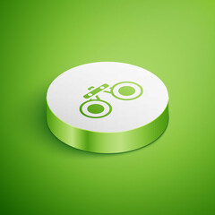 Isometric Binoculars icon isolated on green background. Find software sign. Spy equipment symbol. White circle button. Vector