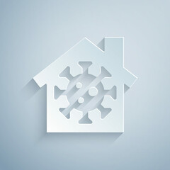 Paper cut Stay home icon isolated on grey background. Corona virus 2019-nCoV. Paper art style. Vector.