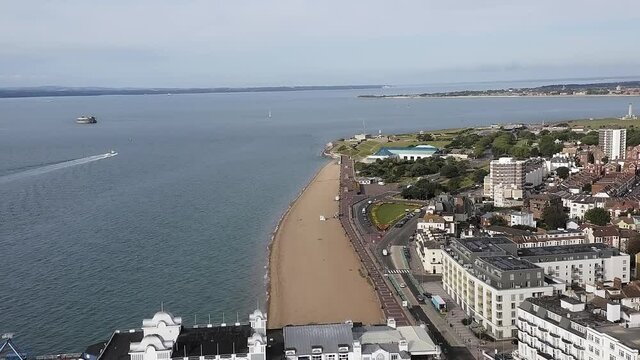 Southsea Beach and Seafront aerial footage heading towards Southsea Castle with the Isle of Wight in the background.