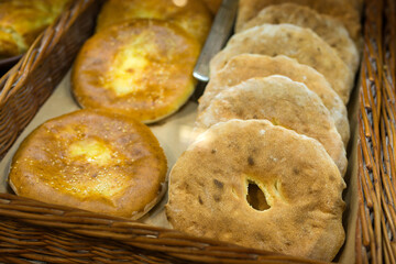 Fresh flour products in a cafe close up