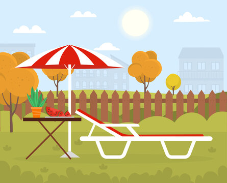 Hammock in backyard of house. Place to relax after work. Summer vacation, tranquility, private property. Sky in clouds, away from city. Graphic element for website. Cartoon flat vector illustration