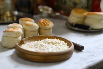 Prosphora, Prosvir, liturgical church bread used for communion during Orthodox worship, silver bowls, an icon on the throne of the Orthodox Church. The concept of Orthodoxy and faith