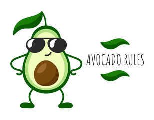 Avocado rules. Happy cool cartoon avocado in sunglasses. Vector hand drawn illustration for print