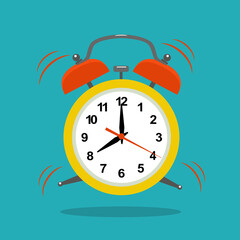 Alarm clock yellow on a blue background in cartoon style. Isolated vector illustration