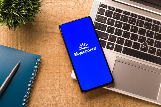 West Bangal, India - August 21, 2021 : Skyscanner logo on phone screen stock image.