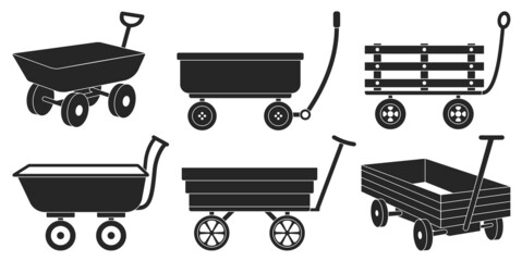 Garden wagon black vector illustration on white background. Farm wheelbarrow set icon.Vector illustration set icon equipment of garden wagon. - obrazy, fototapety, plakaty