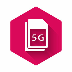 White 5G Sim Card icon isolated with long shadow. Mobile and wireless communication technologies. Network chip electronic connection. Pink hexagon button. Vector